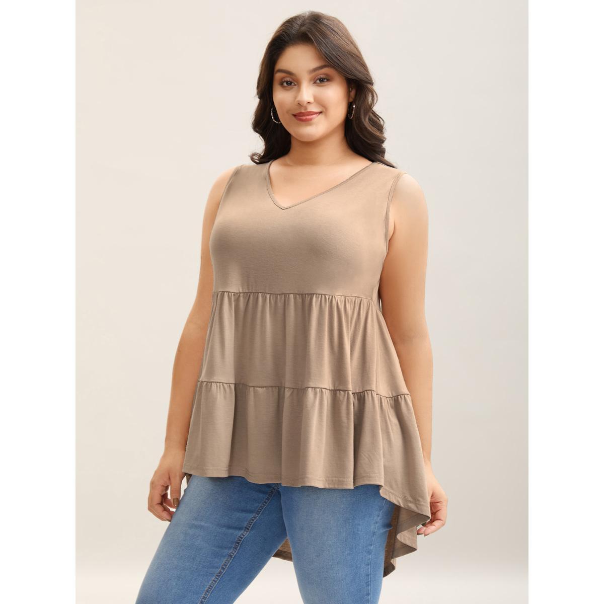 Plus Size Ruffled Tiered Long Tank Top Women Tan Gathered V-neck Everyday-Casual Tank Tops Camis BloomChic 22-24/3X Product Image