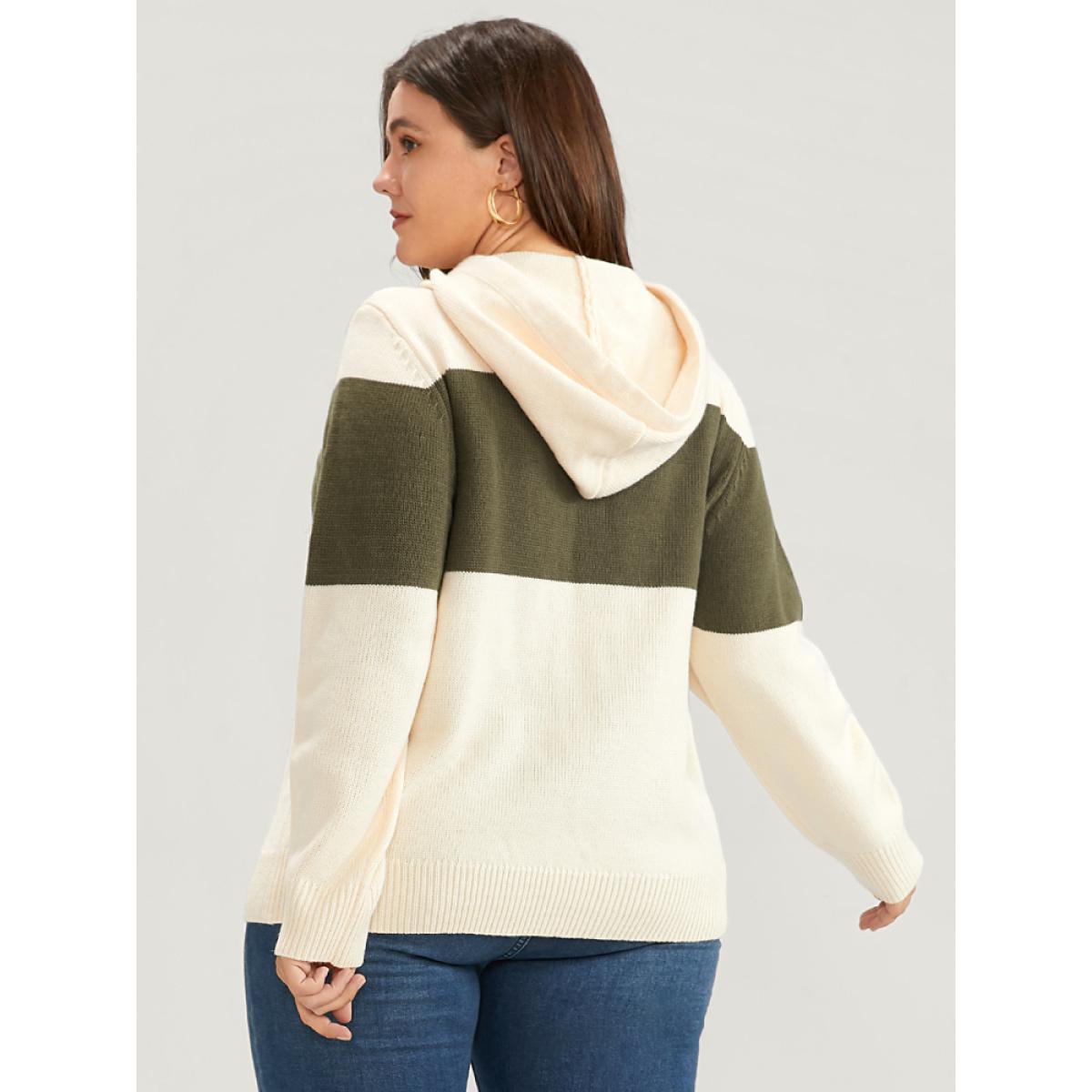 Plus Size Colorblock Contrast Pointelle Knit Drawstring Hooded Knit Top Apricot Women Casual Long Sleeve Hooded Dailywear Pullovers BloomChic 14-16/1X Product Image