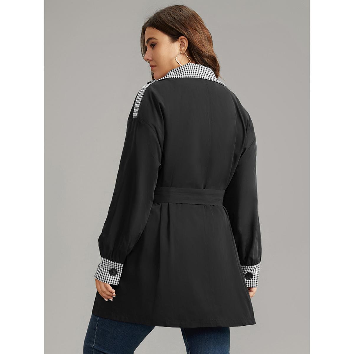 Plus Size Gingham Patchwork Belted Pocket Coat Women Black Casual Belted Ladies Dailywear Winter Coats BloomChic 14-16/1X Product Image
