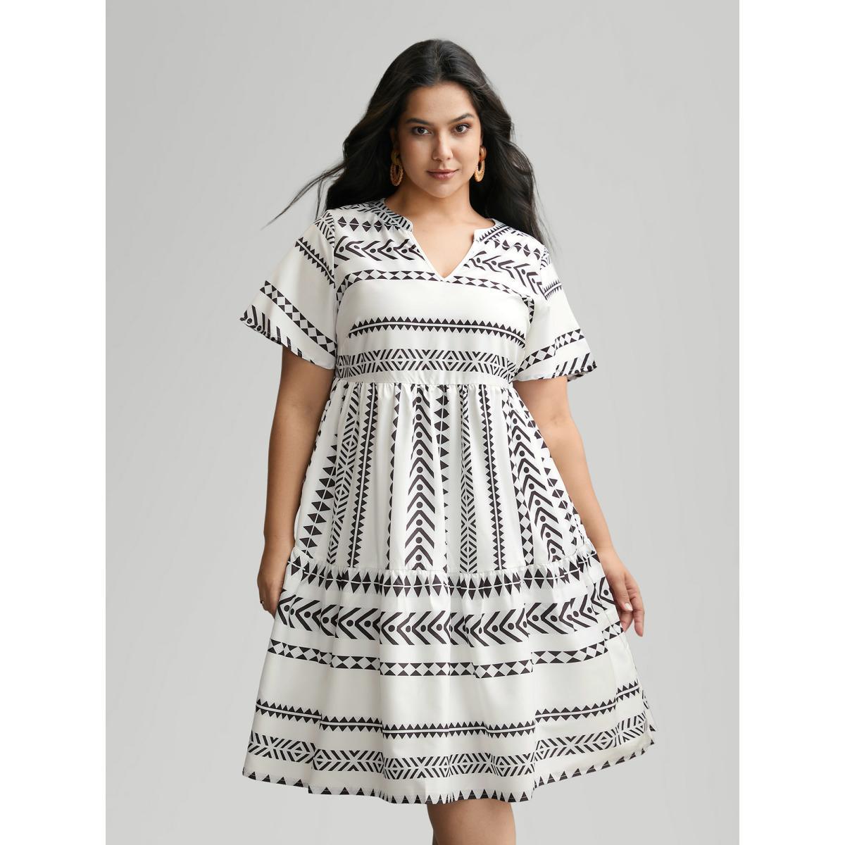 Plus Size Bandana Geometric Ruffle Sleeve Babydoll Dress White Women Vacation Notched collar Short sleeve Curvy Knee Dress BloomChic 10/M Product Image