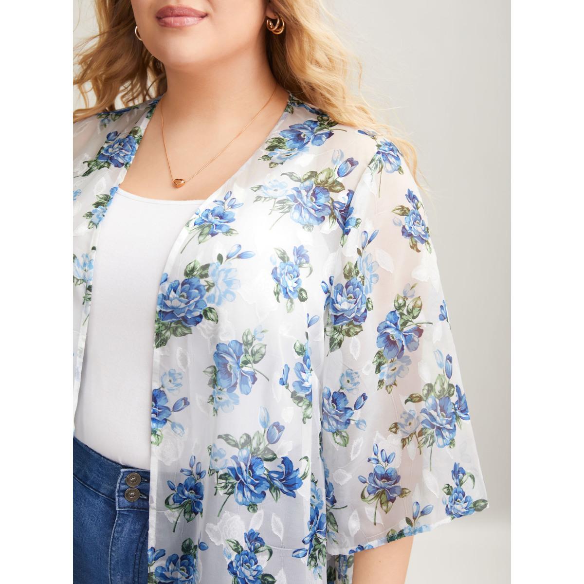 Plus Size Textured Printed Puff Sleeve Kimono Cardigan Women Originalwhite Elegant Texture Loose Everyday Kimonos BloomChic 28/5X Product Image