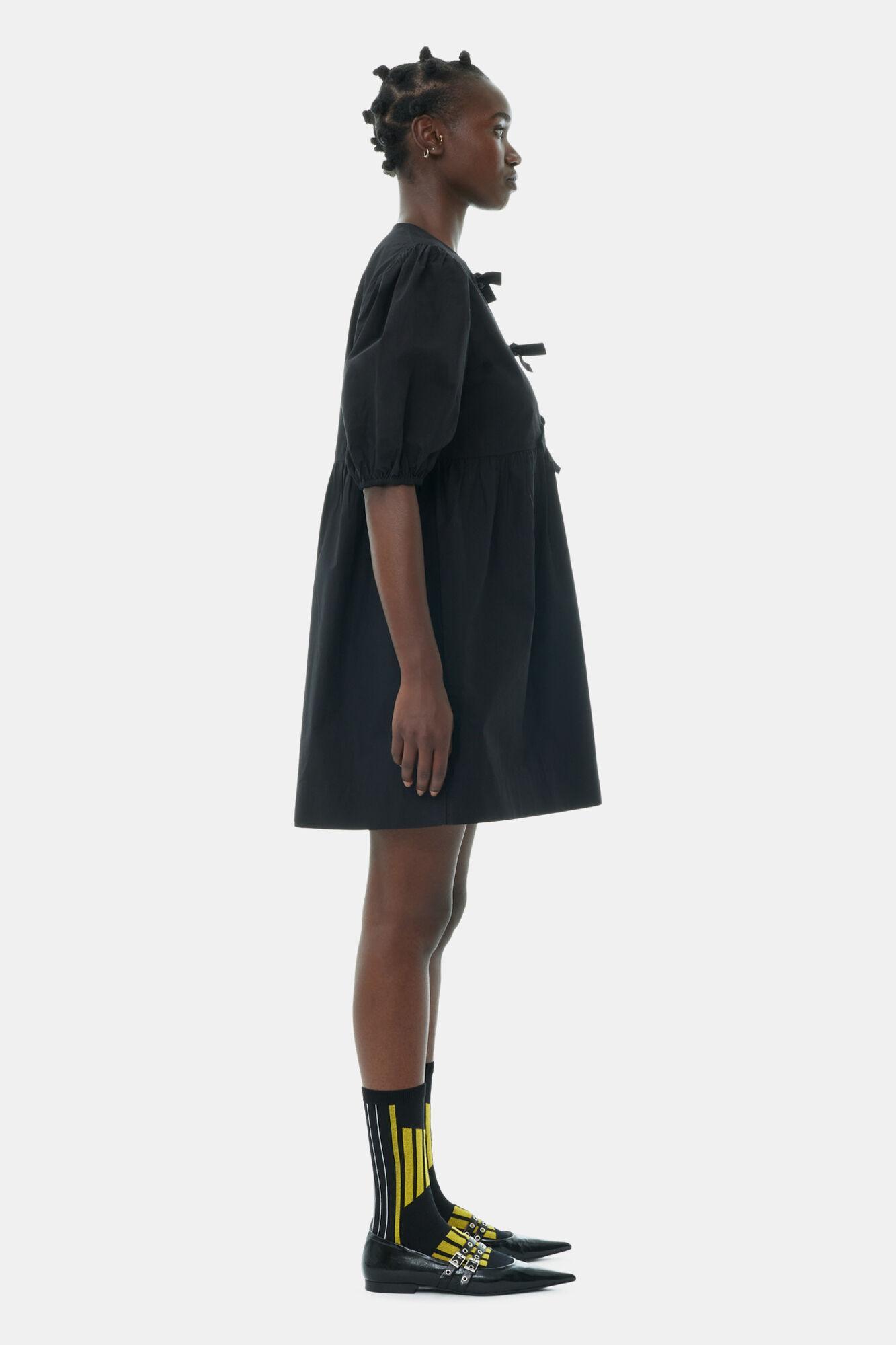 Black Cotton Poplin Tie String Mini Dress Product Image