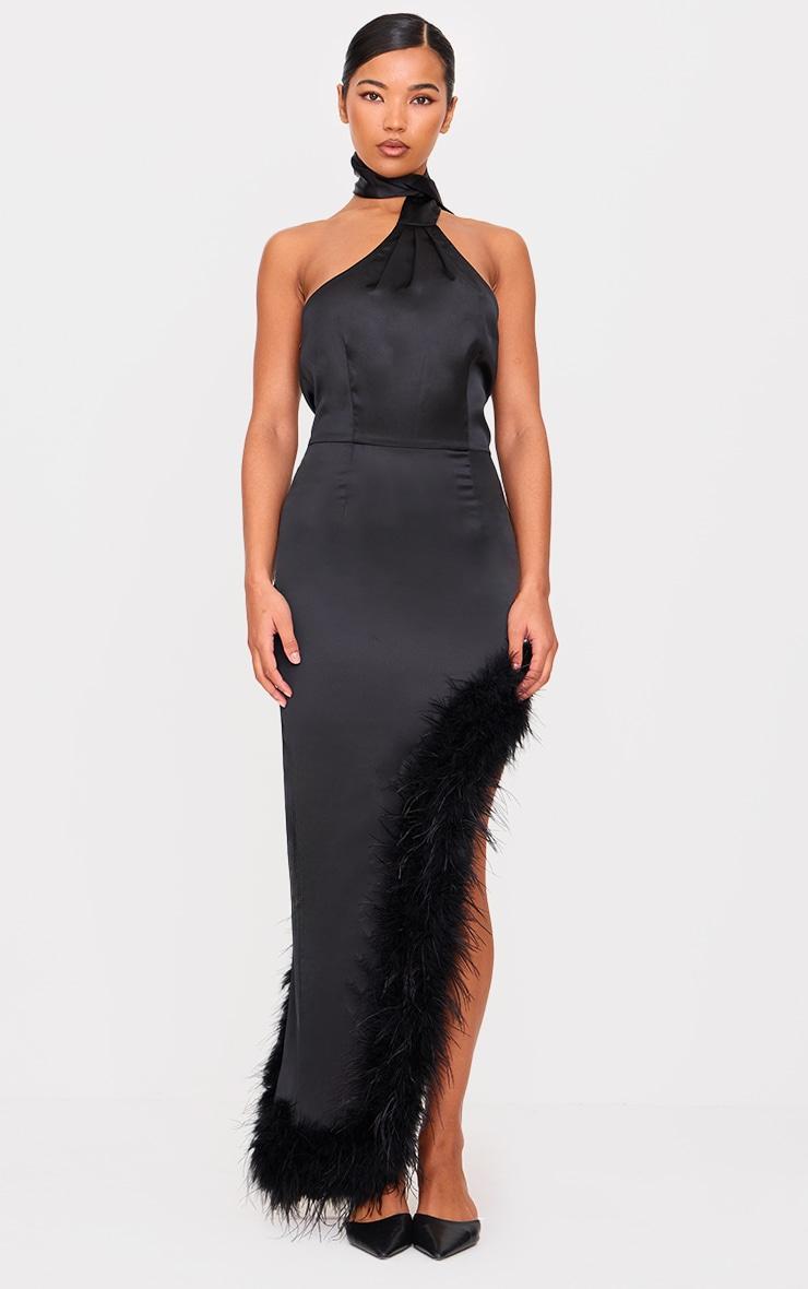 Black Satin High Neck Feather Trim Maxi Dress Product Image