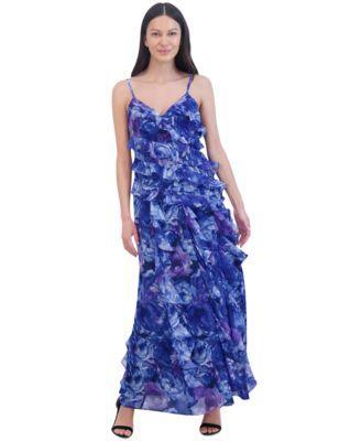 Eliza J Womens Ruffled Floral-Print Sleeveless Chiffon Gown Product Image