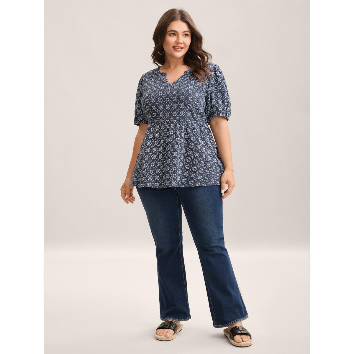 Plus Size Indigo Cotton Geometric Print Puff Sleeve Babydoll Top Women Short sleeve Notched collar Vacation Blouses BloomChic 10/M Product Image