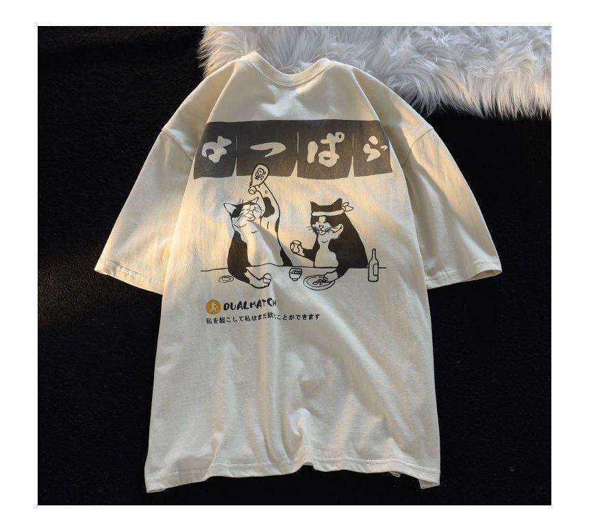 Short-Sleeve Cat Print Loose-Fit Tee Product Image