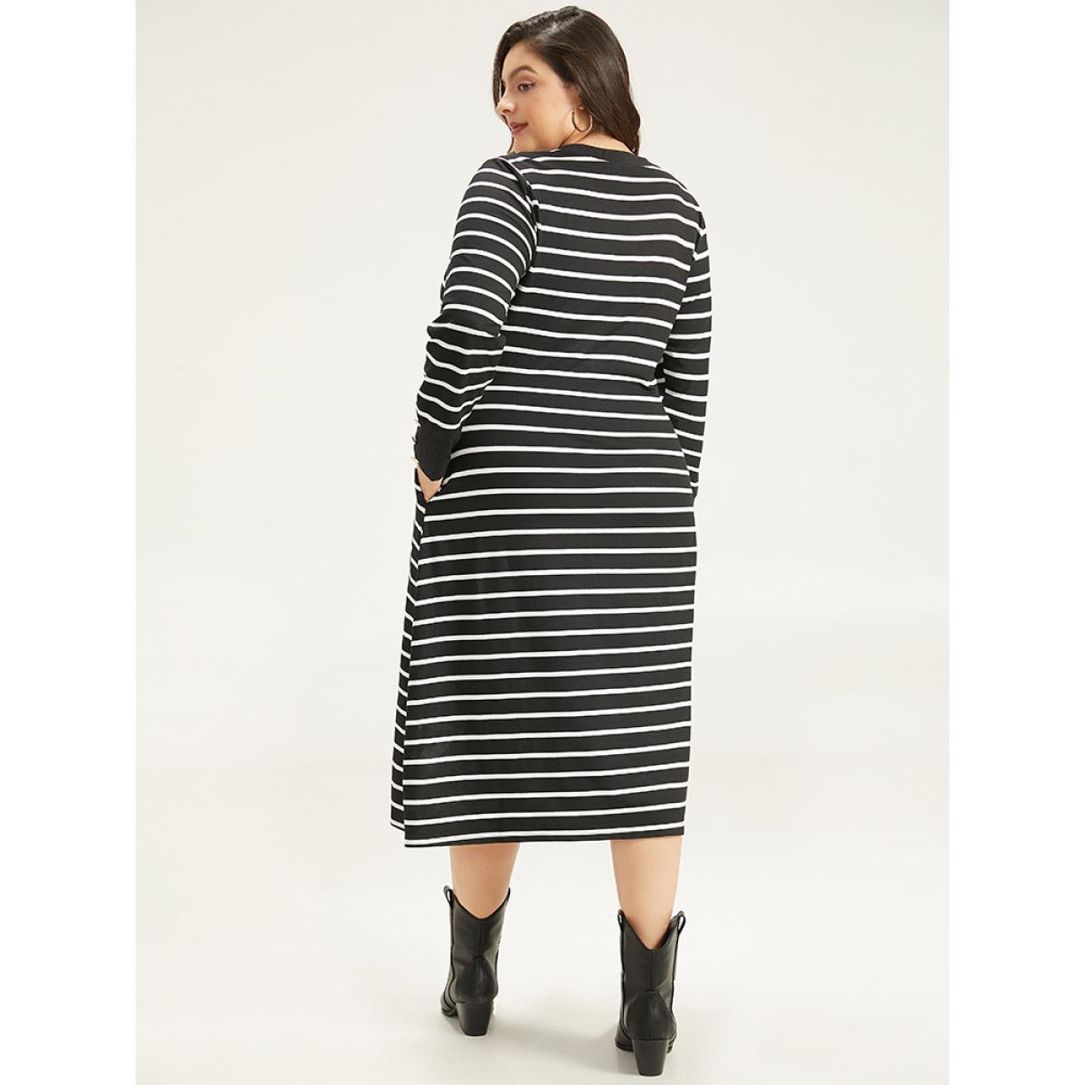 Plus Size Rib Knit Striped Button Detail Patchwork Dress Black Women Casual Printed Round Neck Long Sleeve Curvy Midi Dress BloomChic 18-20/2X Product Image