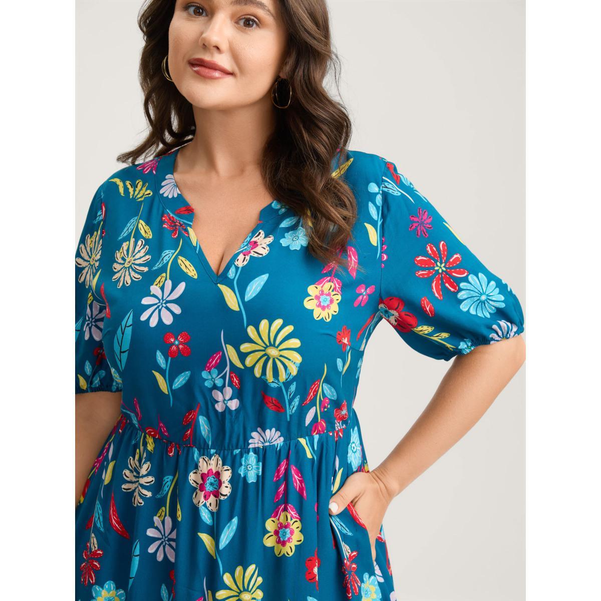 Plus Size Rayon Floral Print Midi Dress DarkBlue Women Notched collar Short sleeve Curvy BloomChic 10/M Product Image