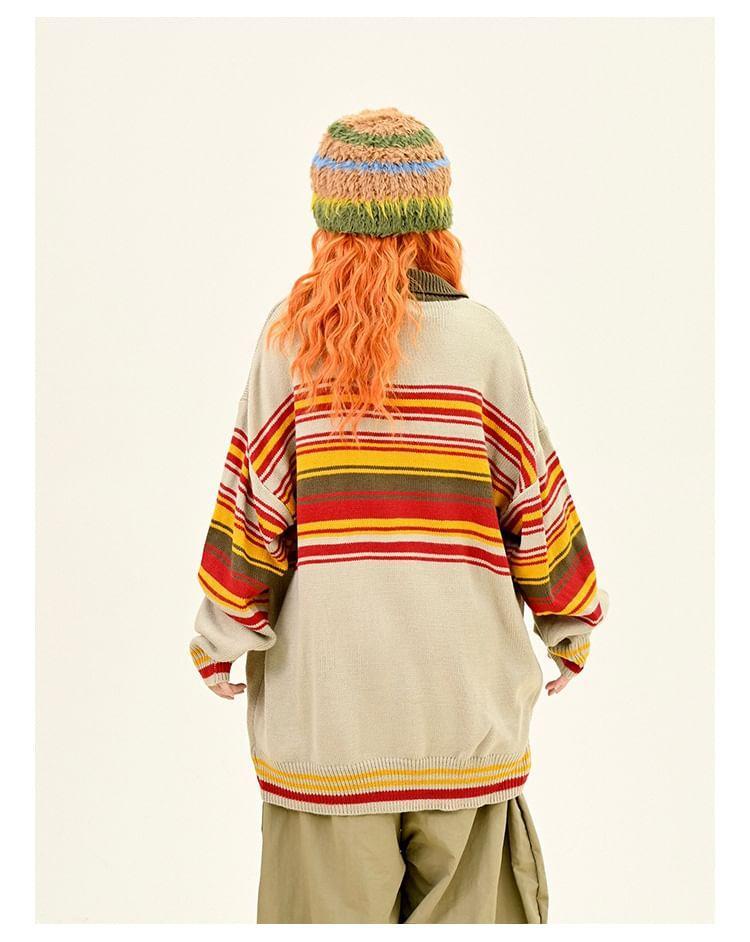 Drop Shoulder Polo Collar Striped Oversized Sweater Product Image