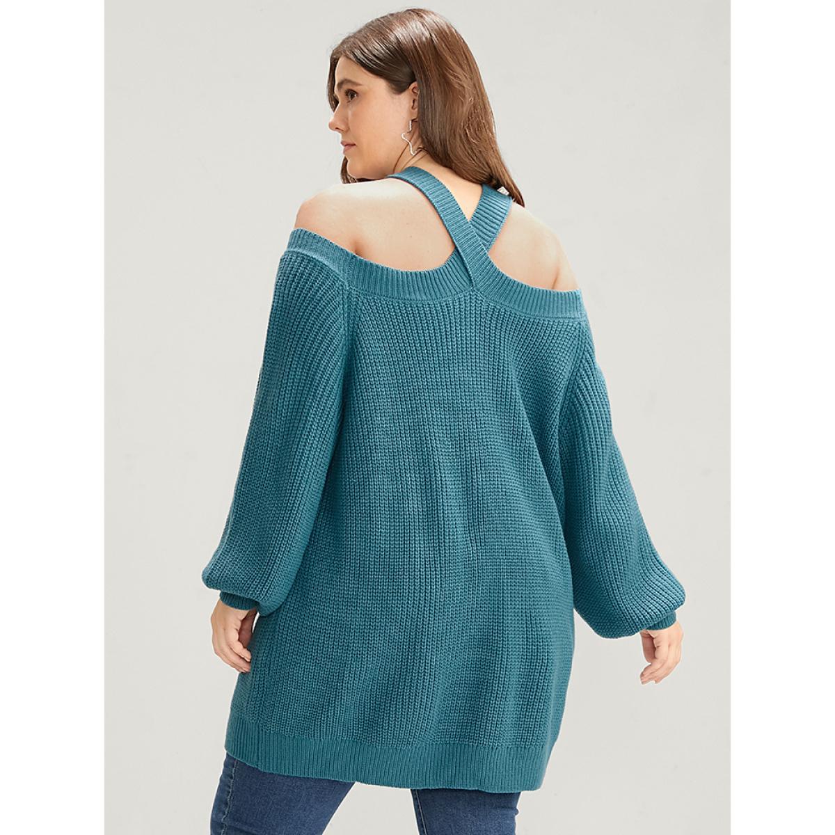 Plus Size Solid Pointelle Knit Lantern Sleeve Cold Shoulder Knit Top Aegean Women Casual Loose Long Sleeve Cold Shoulder Everyday Pullovers BloomChic 10/M Product Image