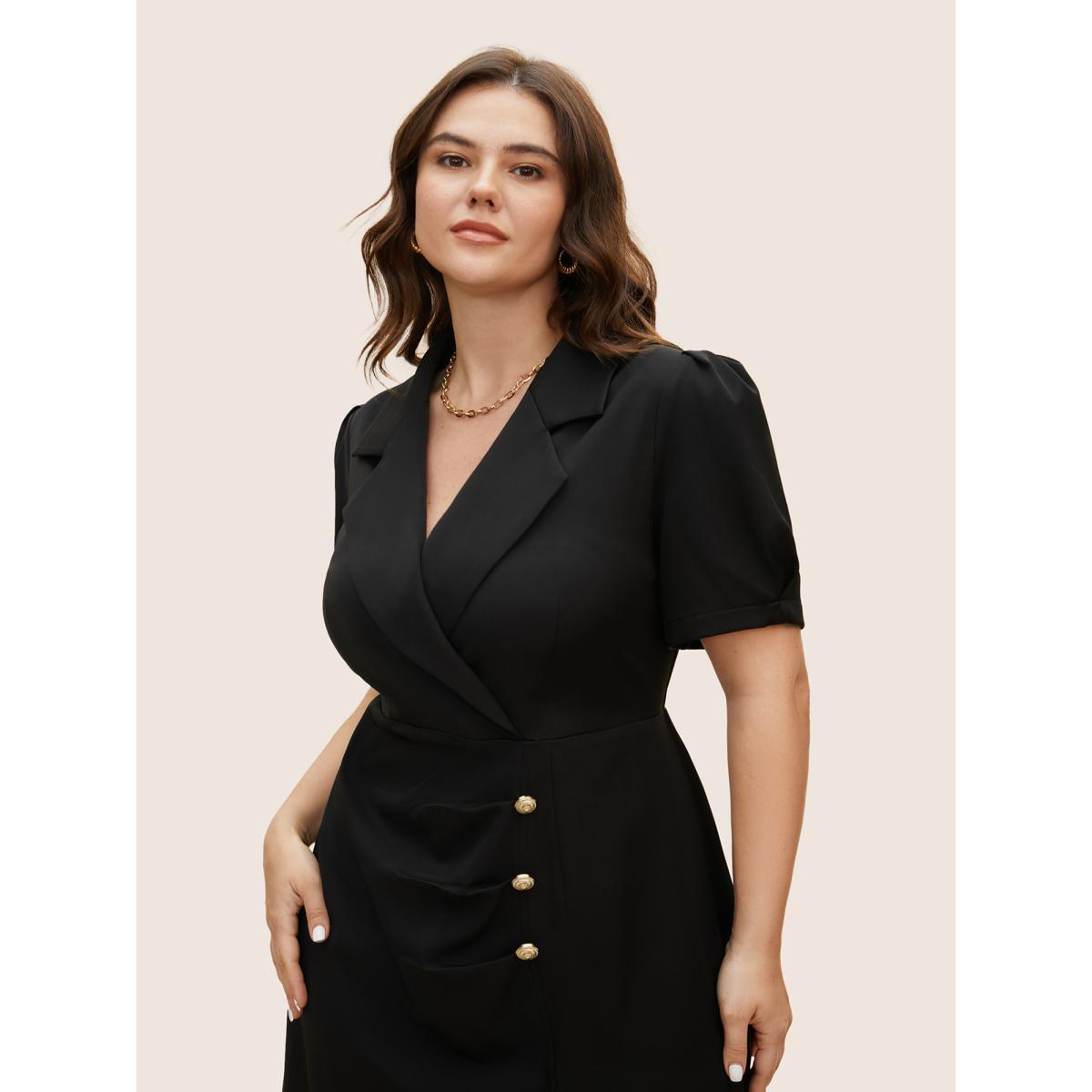 Plus Size Suit Collar Metal Detail Lantern Sleeve Dress Black Women Workwear Essentials Button Suit Collar Sleeveless Curvy BloomChic 12/L Product Image