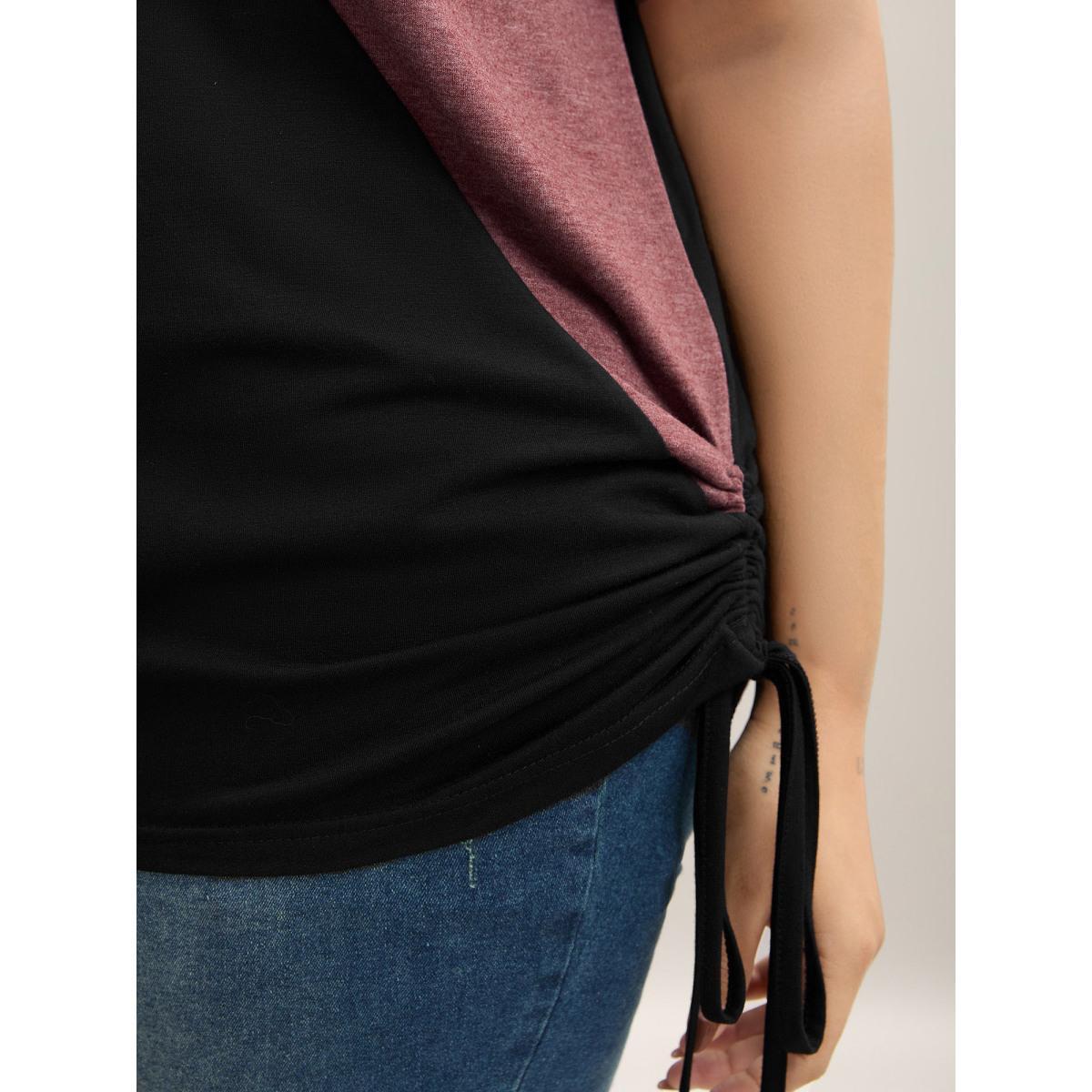 Plus Size Color Block Ruched Drawstring T-Shirt Black Women Casual Contrast Round Neck Everyday T-shirts BloomChic 22-24/3X Product Image