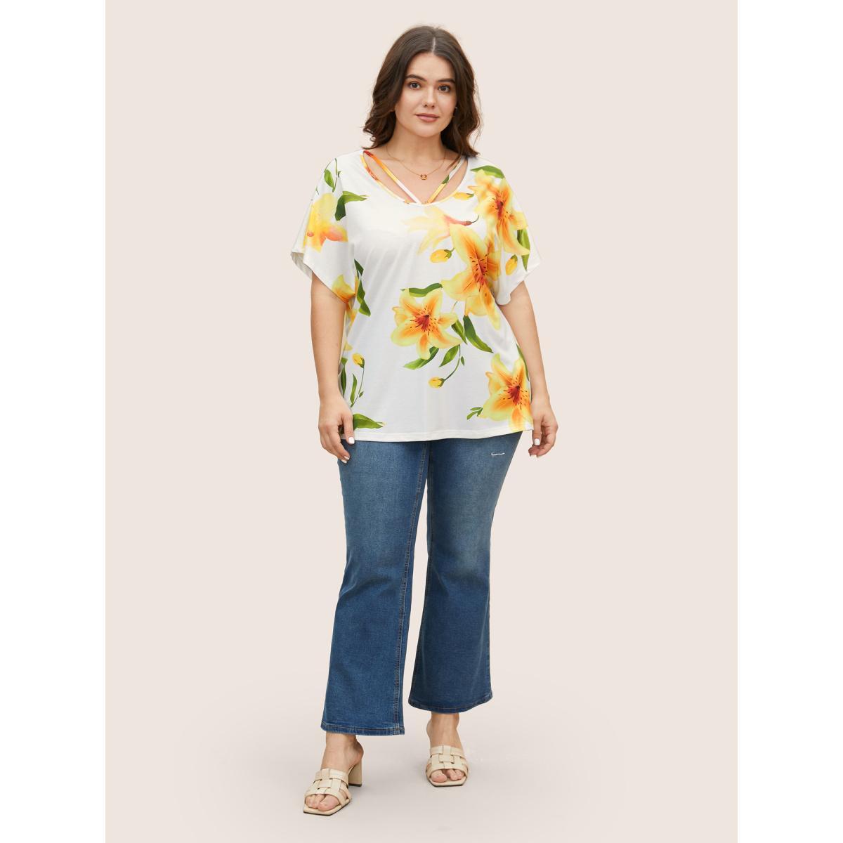 Plus Size Natural Flowers Crisscross Dolman Sleeve T-shirt Lemonyellow Women Elegant Contrast Natural Flowers V-neck Everyday T-shirts BloomChic 12/L Product Image