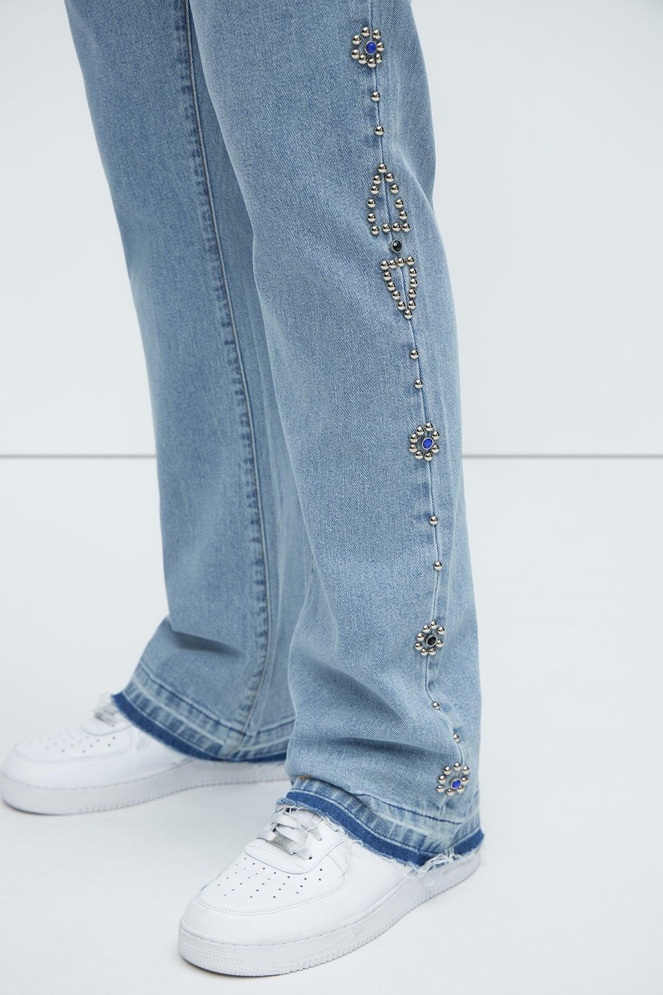 Western Studded Stacked Slim Flare Jeans - Light Wash Product Image