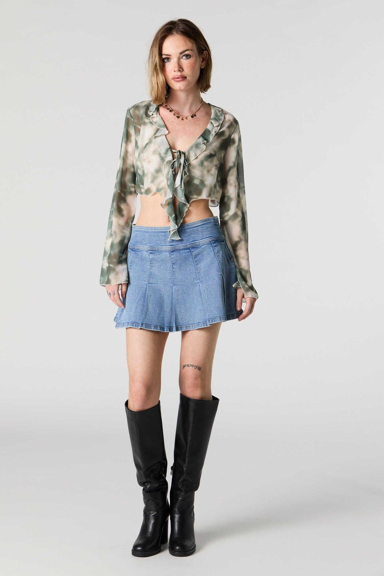 Mesh Ruffle Tie Front Long Sleeve Crop Top Female Product Image