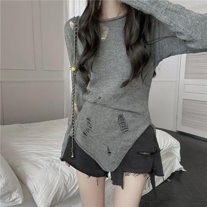 Long-Sleeve Boat Neck Plain Asymmetrical Distressed Knit Top Product Image