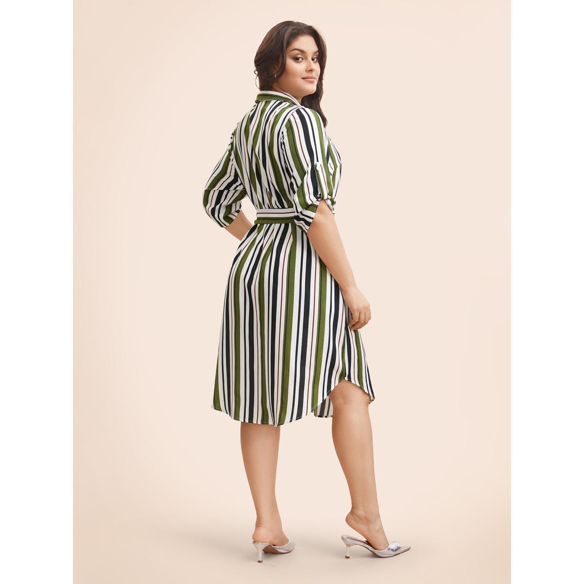 Plus Size Striped Tab Sleeve Arc Hem Dress Multicolor Women Workwear Essentials Belted Shirt collar Elbow-length sleeve Curvy BloomChic 10/M Product Image