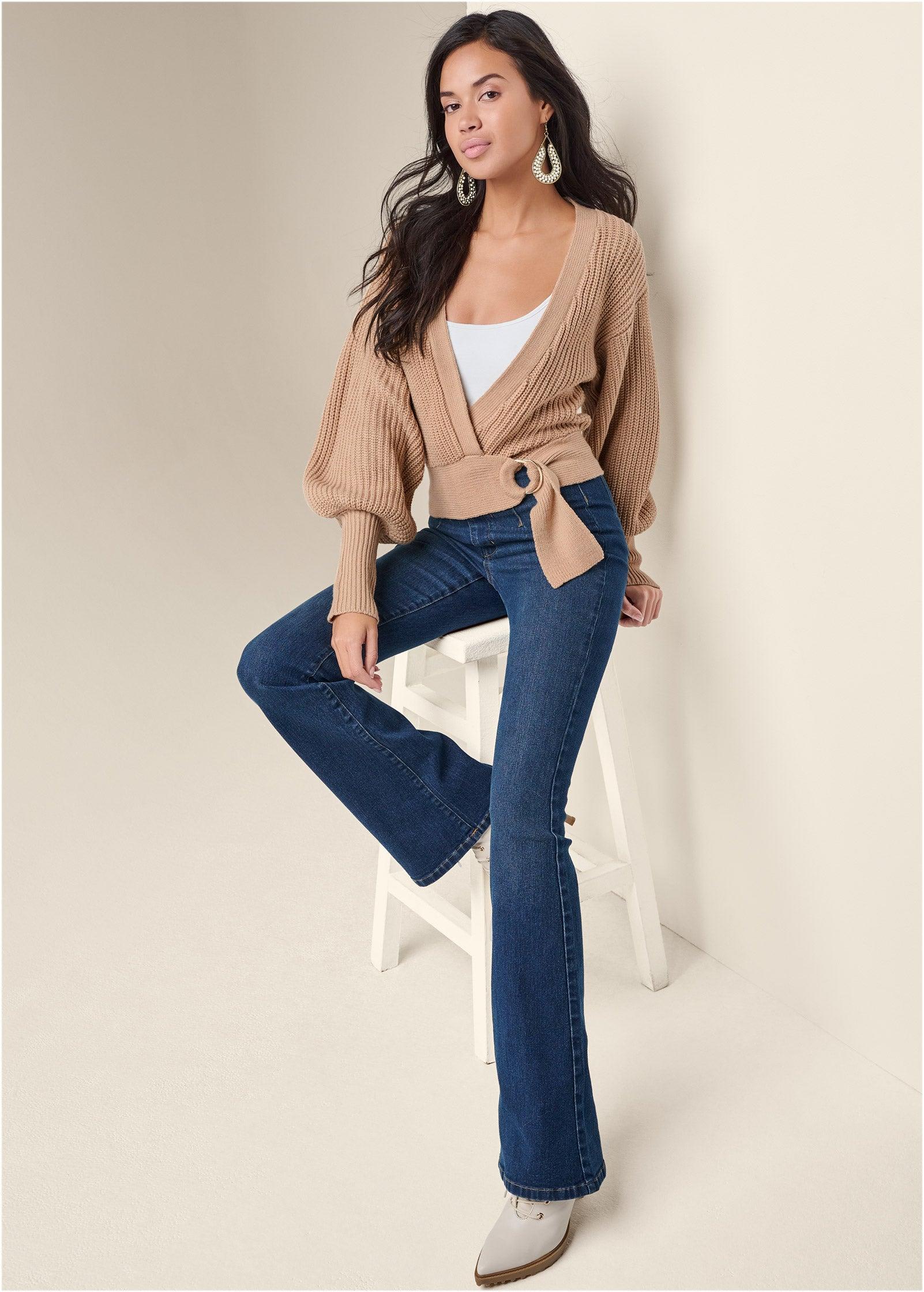 Wrap Balloon Sleeve Sweater - Light Brown Product Image