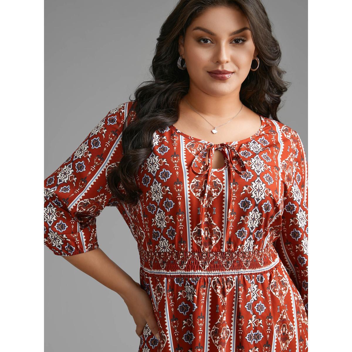Plus Size Boho Print Shirred Tie Knot Midi Dress Russet Women Resort Tie knot V-neck Elbow-length sleeve Curvy BloomChic 12/L Product Image