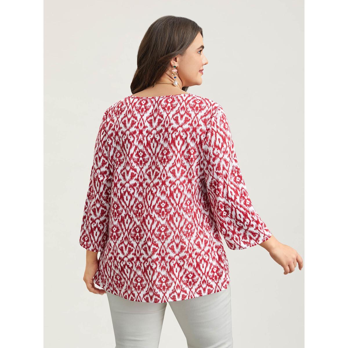 Plus Size Burgundy Geometric Print Gathered Sleeve Shirt Women Resort Elbow-length sleeve Notched collar Vacation Blouses BloomChic 18-20/2X Product Image