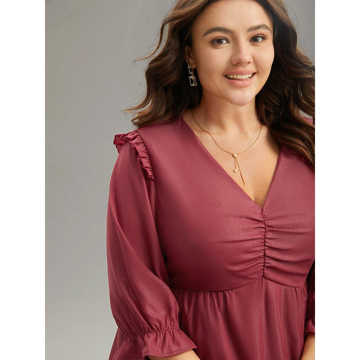 Plus Size Scarlet Solid Frill Trim Ruched Elastic Waist Blouse Women Glamour Elbow-length sleeve V-neck Festival-Christmas Blouses BloomChic 26/4X Product Image