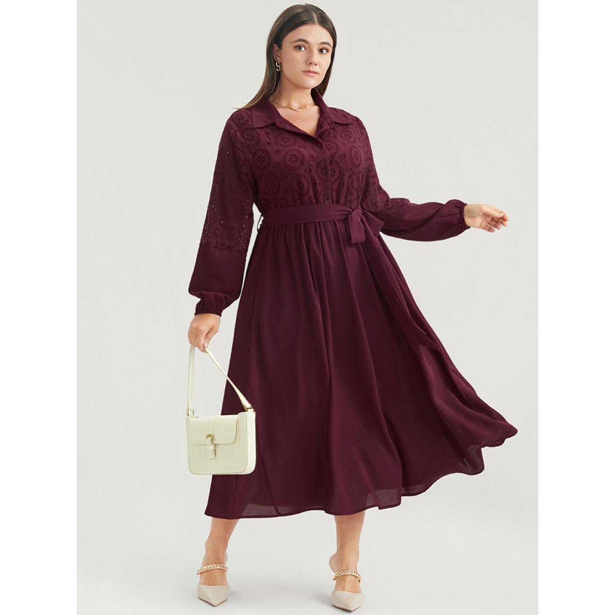 Plus Size Solid Pocket Button Detail Eyelet Lace Belted Dress Burgundy Women Casual Patchwork Shirt collar Long Sleeve Curvy Midi Dress BloomChic 10/M Product Image