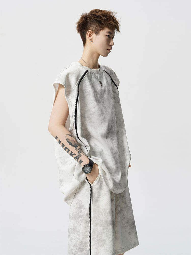 Set: Crew Neck Striped Tie Dye Tank Top + Mid Rise Shorts Product Image