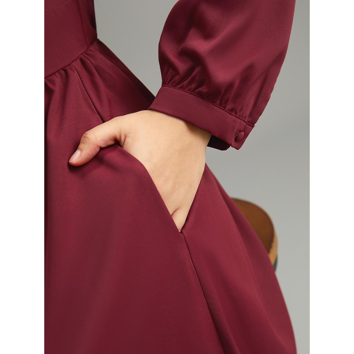 Plus Size Twill Pleated Beaded Long Sleeve Dress Burgundy Women Elegant Plain V-neck Long Sleeve Curvy Midi Dress BloomChic 12/L Product Image
