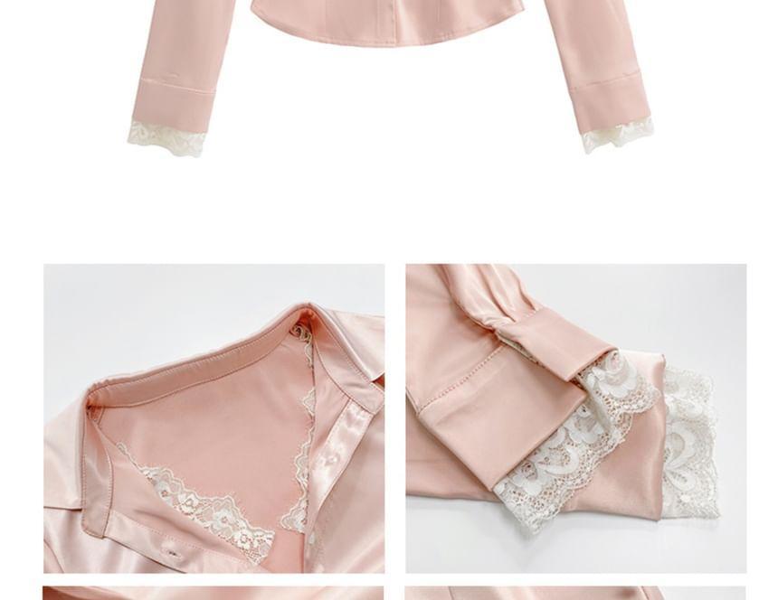Lace-Trim Slim-Fit Satin Shirt Product Image