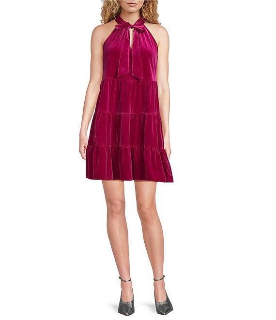 Skies Are Blue Velvet Tiered Halter Neck Sleeveless Front Bow Mini Dress Product Image