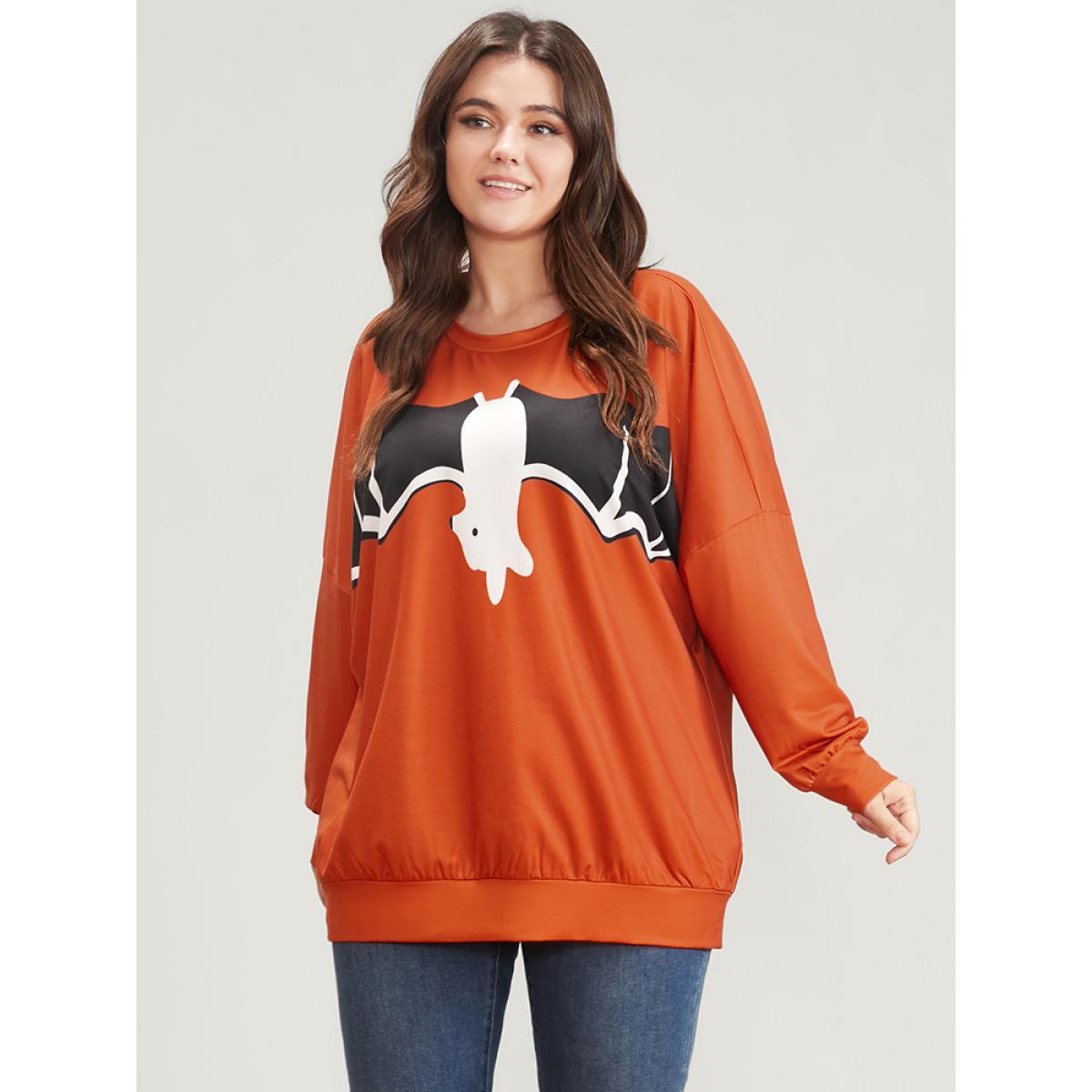 Plus Size Halloween Bat Print Round Neck Drop Shoulder Sweatshirt Women Orange Casual Printed Round Neck Festival-Halloween Sweatshirts BloomChic 28/5X Product Image