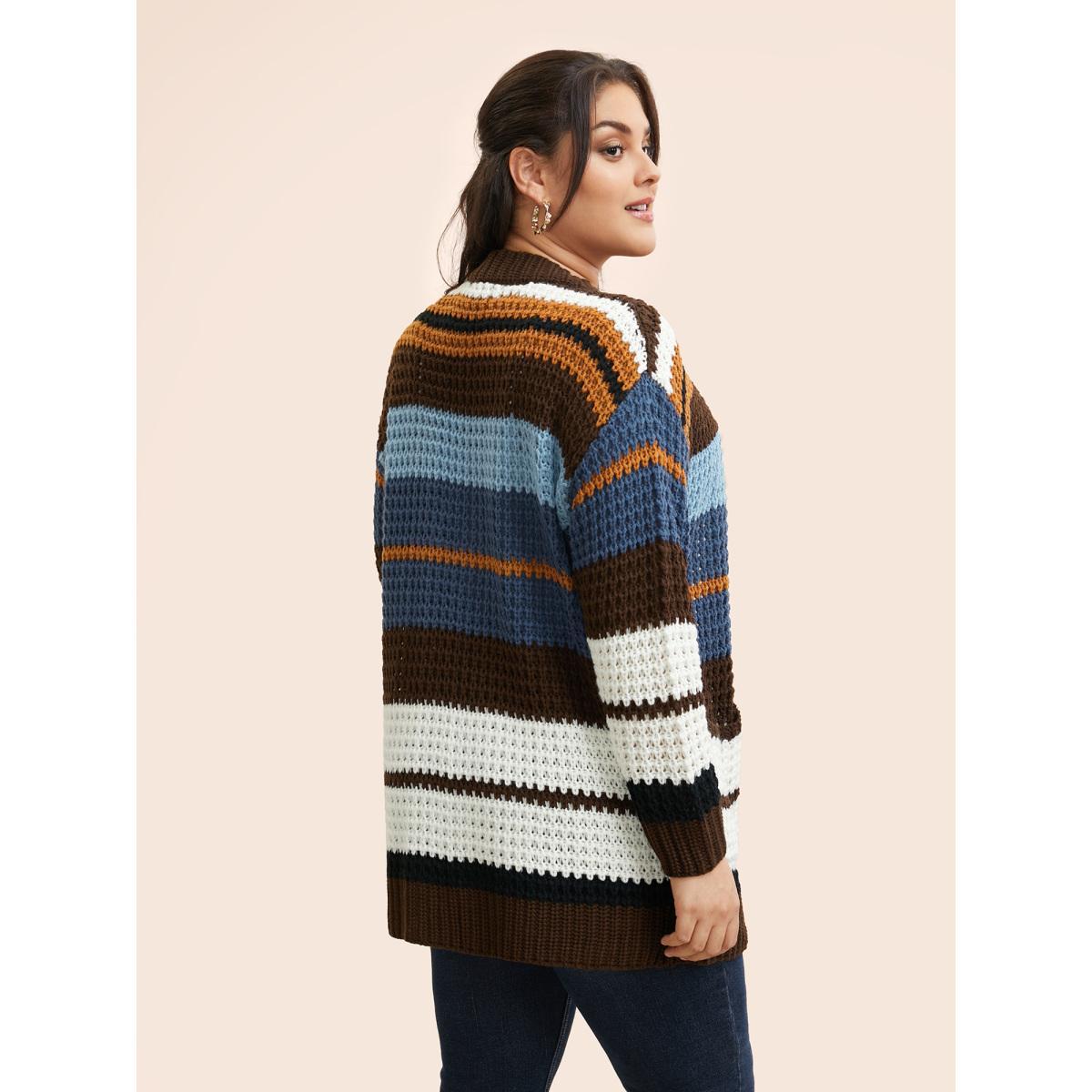 Plus Size Colorblock Contrast Patched Pocket Cardigan DarkBrown Women Casual Loose Long Sleeve Everyday Cardigans BloomChic 18-20/2X Product Image