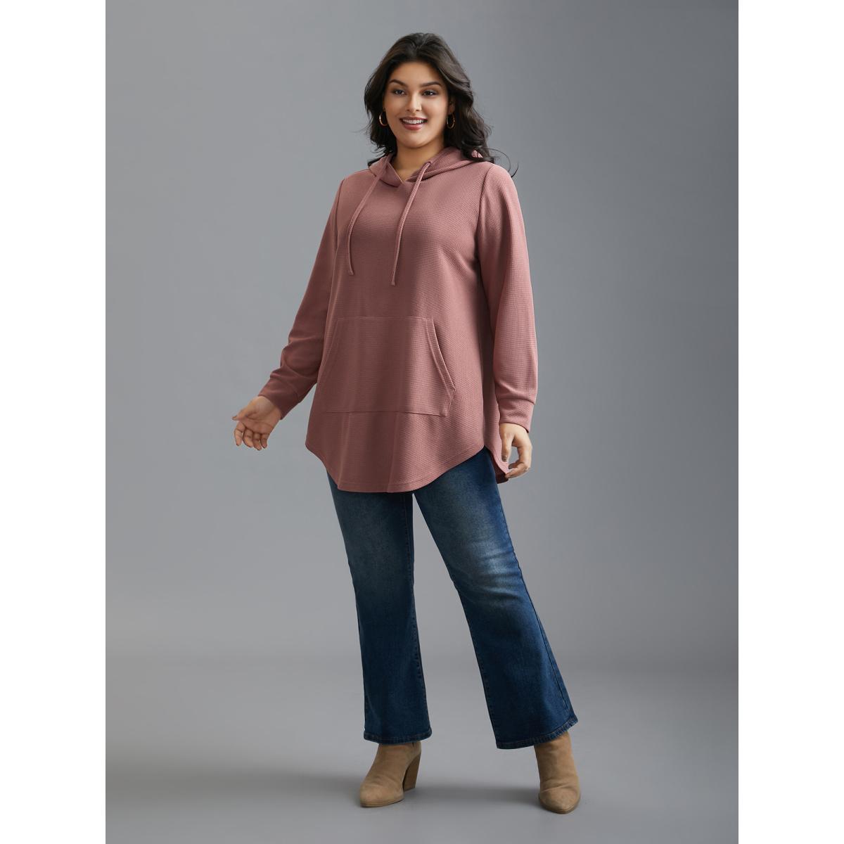 Plus Size Waffle Knit Hooded Drawstring Sweatshirt Women DustyPink Casual Texture Loose Hooded Everyday Sweatshirts BloomChic 26/4X Product Image