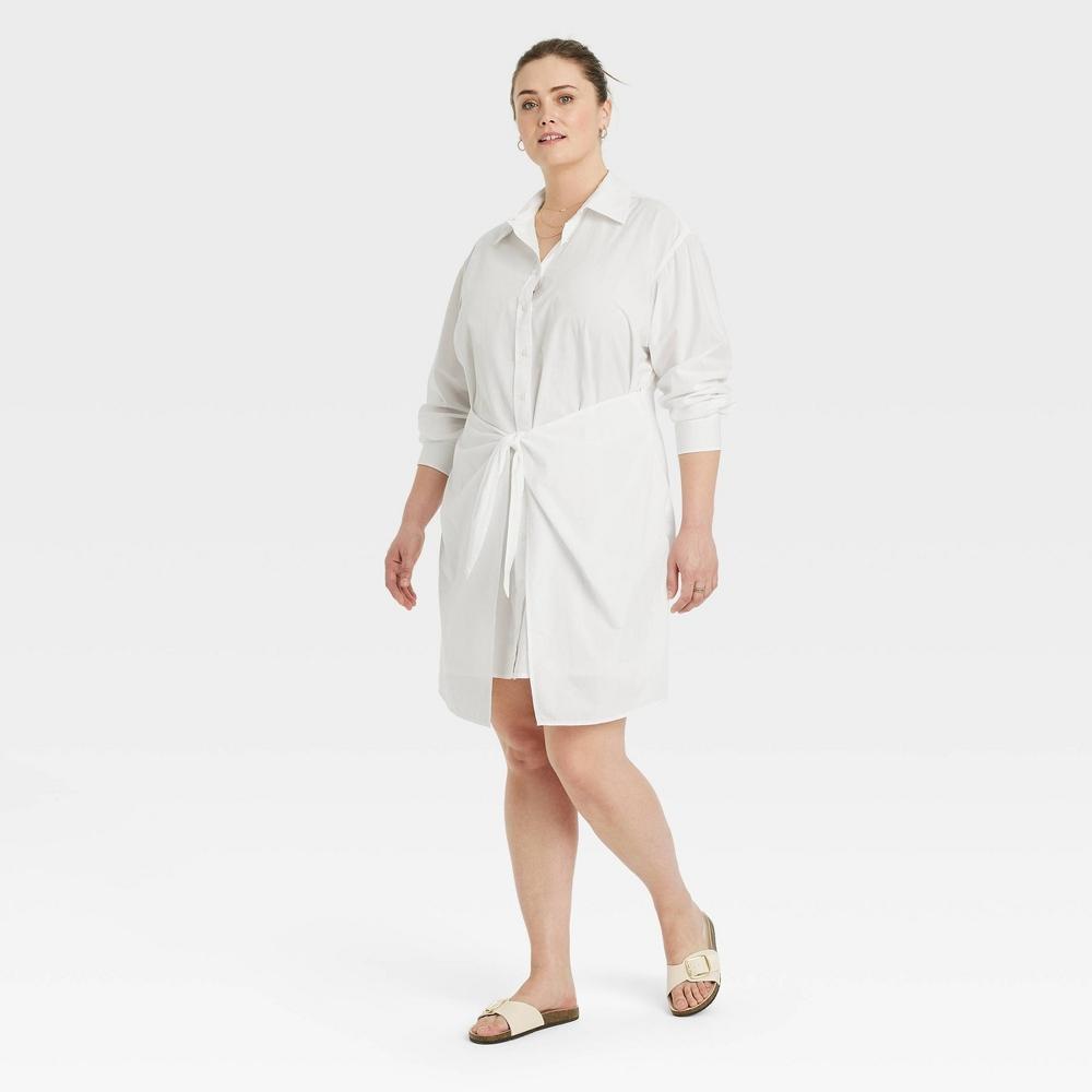 Women's Long Sleeve Tie-Front Mini Shirtdress - Universal Thread™ White XXL: Collared Woven Cotton Product Image