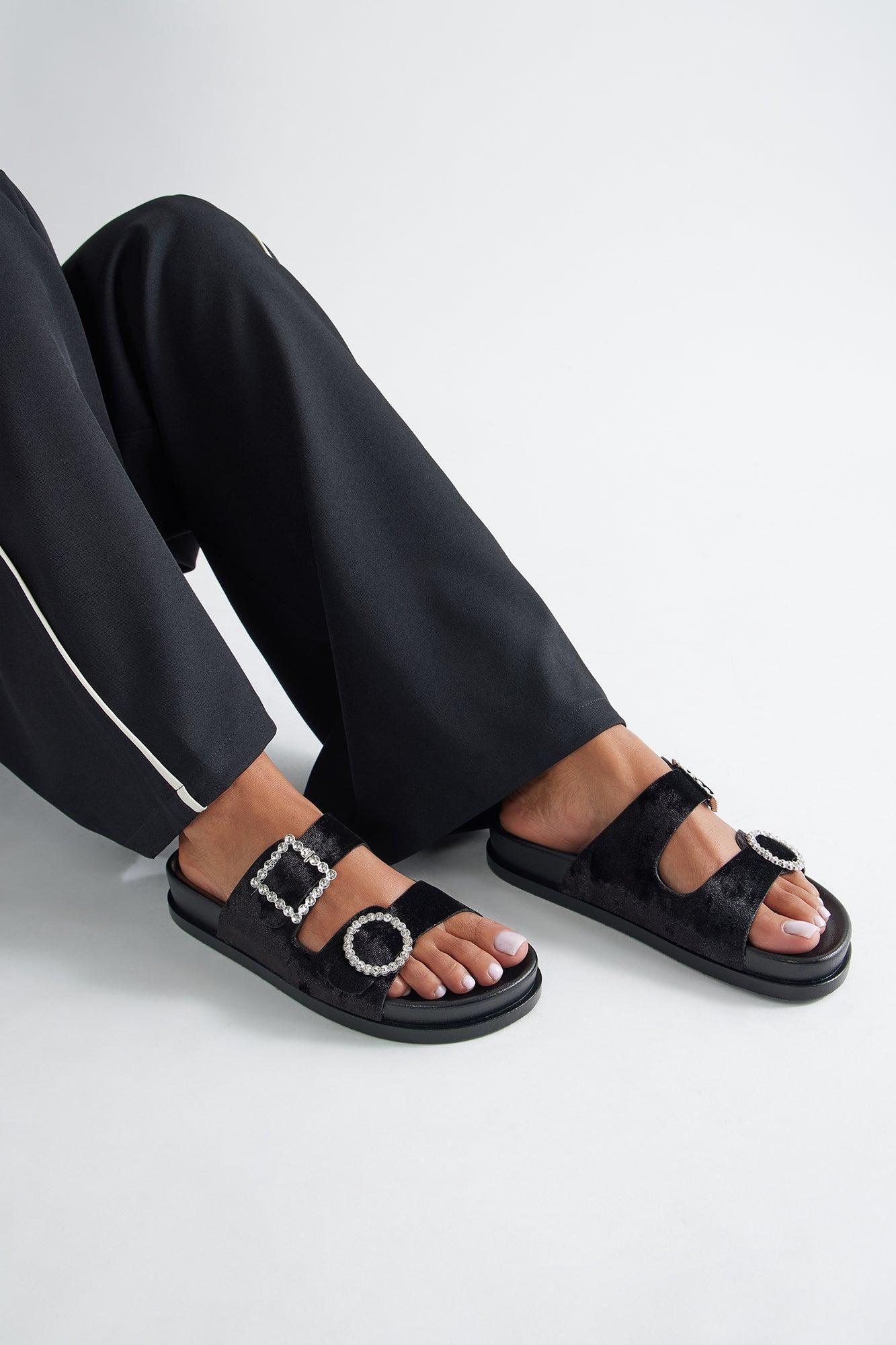 Ivona Rhinestone Buckle Velvet Sandals - Black Product Image