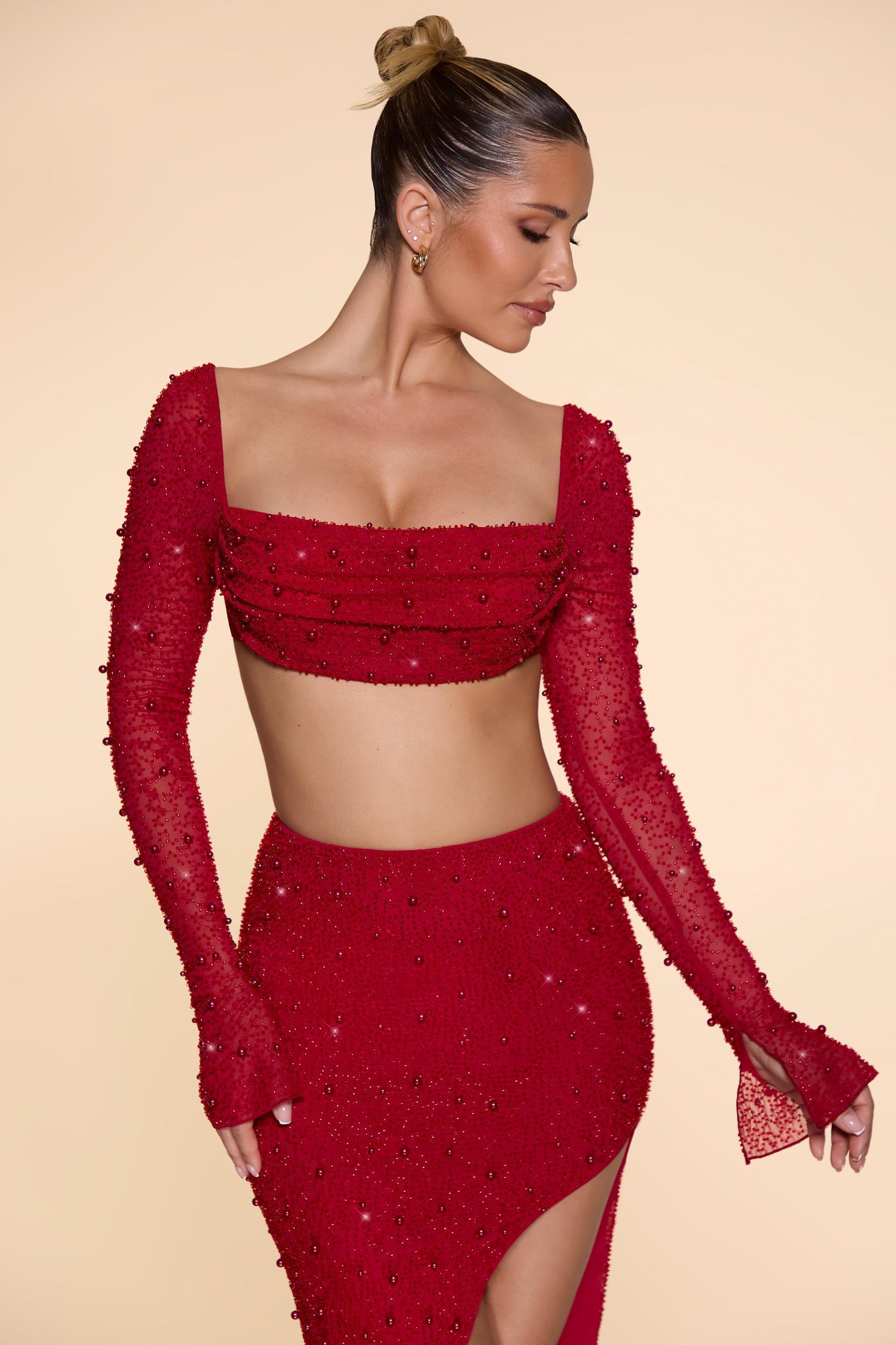 Embellished Cowl Neck Crop Top in Red Product Image