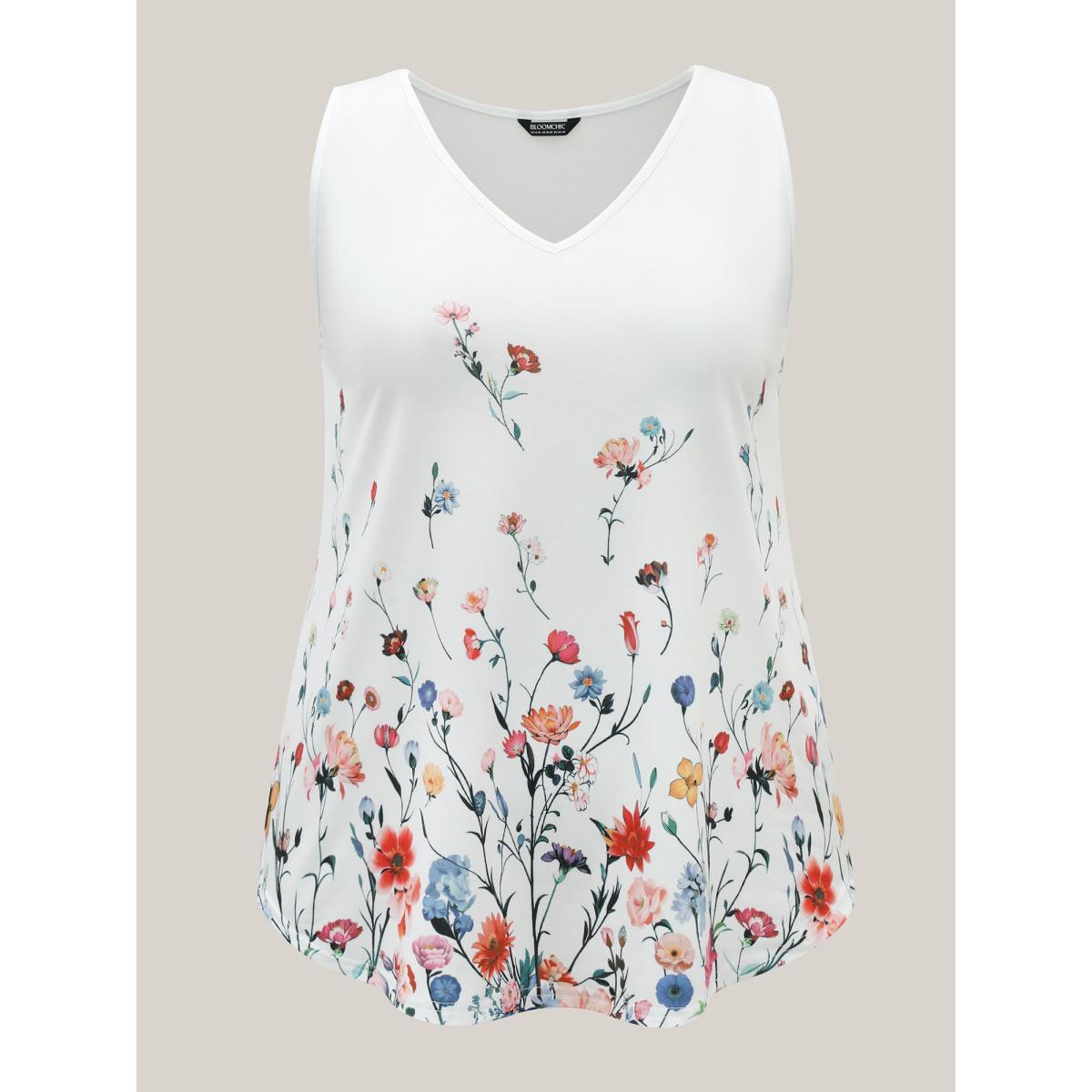Plus Size Blooming Flowers Print Stretchy Vest Women WhiteSmoke Elegant Non V-neck Everyday Tank Tops Camis BloomChic 22-24/3X Product Image