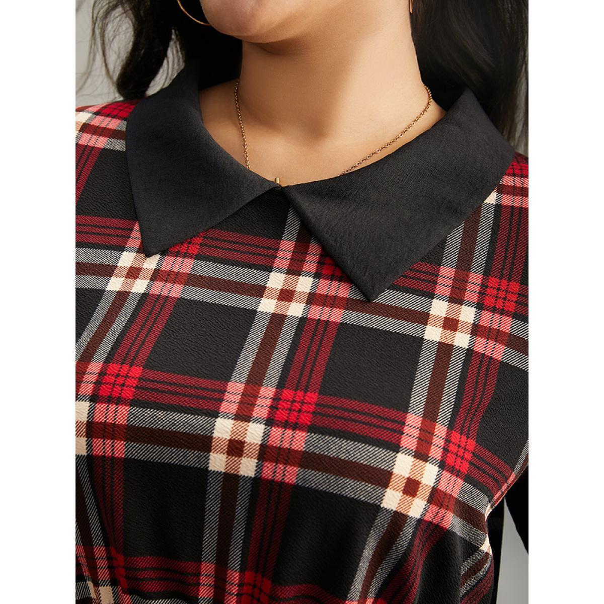 Plus Size Black Plaid Patchwork Lapel Collar Lantern Sleeve Blouse Women Office Long Sleeve Lapel Collar Work Blouses BloomChic 12/L Product Image