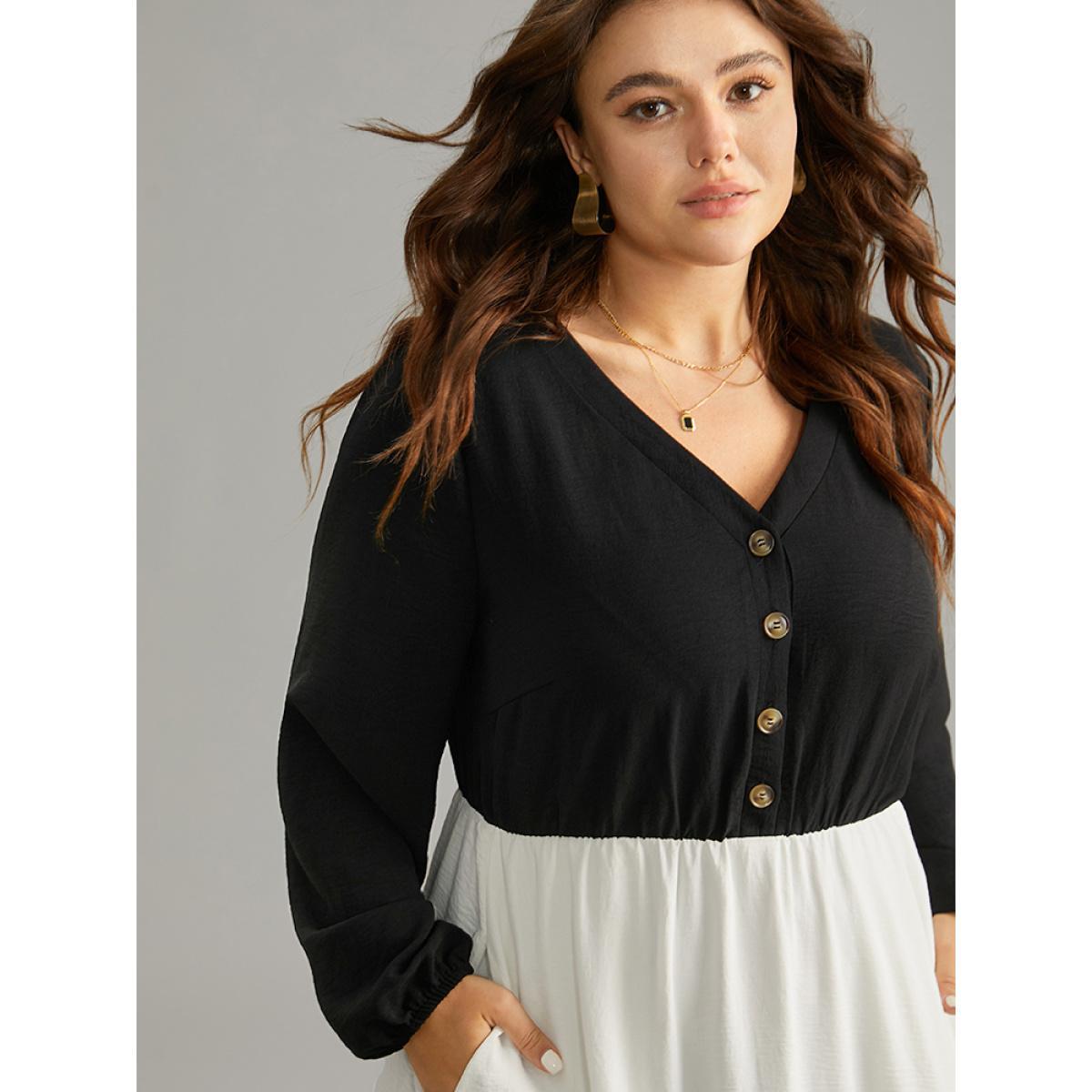 Plus Size Colorblock Patchwork Lantern Sleeve Button Detail Dress Black Women Elegant Elastic cuffs V-neck Long Sleeve Curvy Midi Dress BloomChic 12/L Product Image