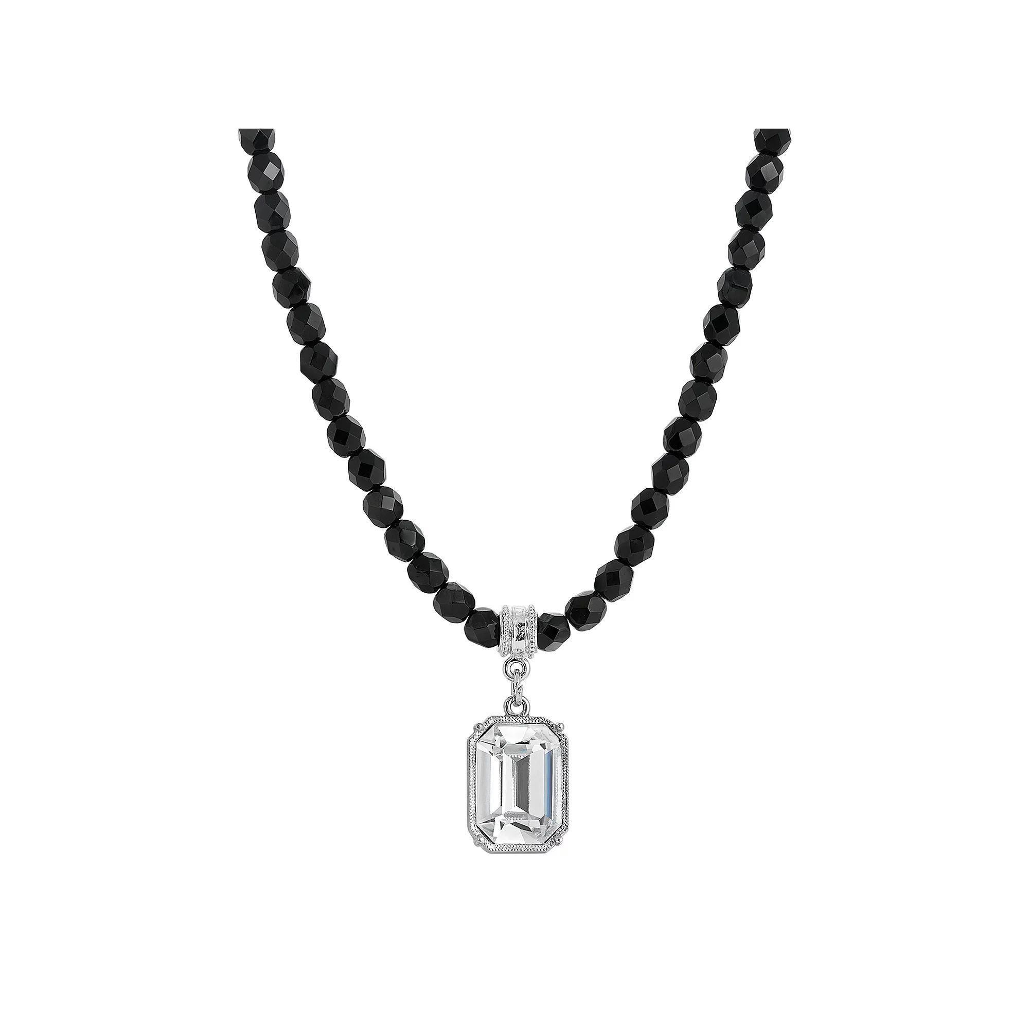 1928 Silver Tone Black Bead Crystal Pendant Necklace, Womens Product Image