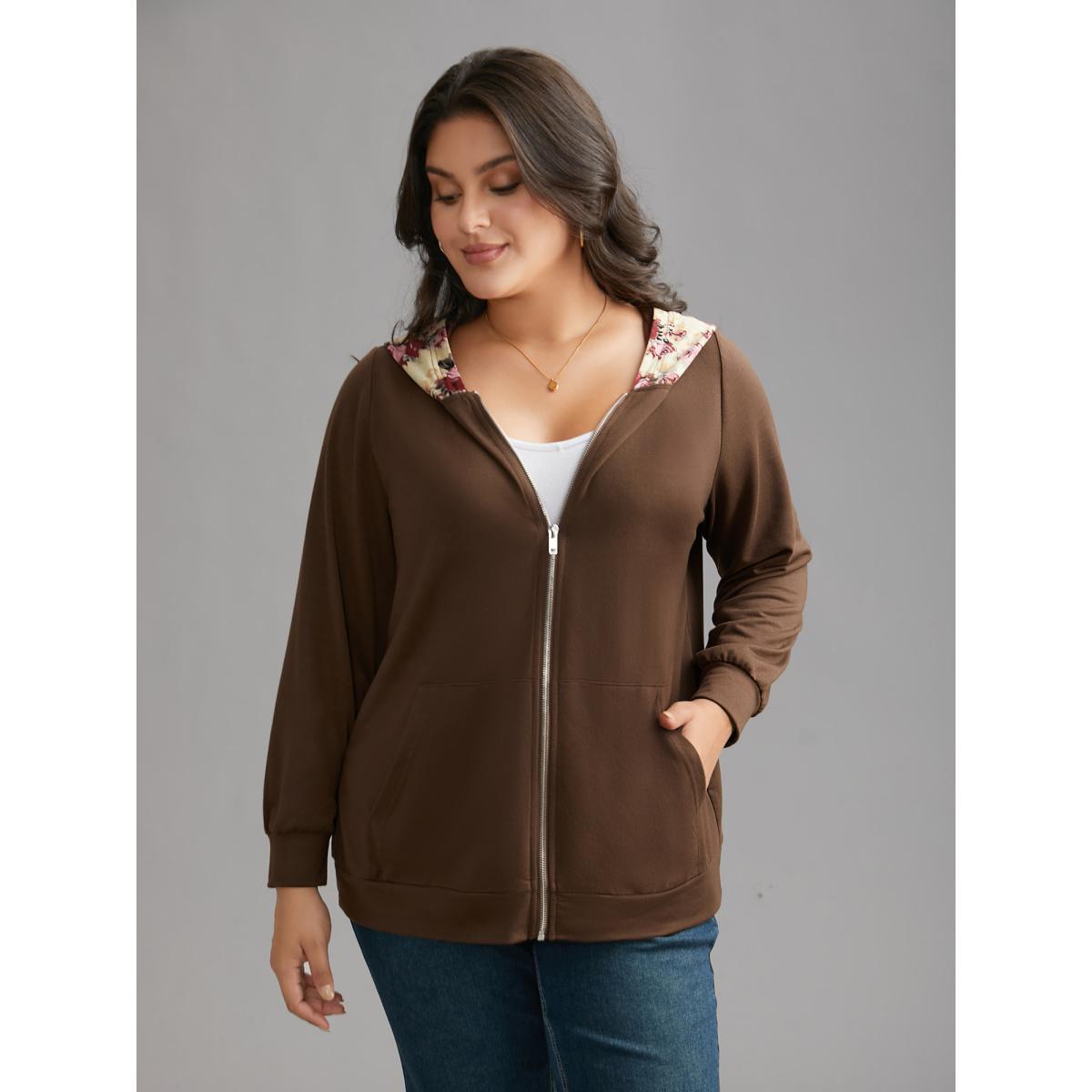 Plus Size Floral Zipper Patch Pocket Hooded Sweatshirt Women Browncoffeecolor Casual Contrast Loose Hooded Everyday Sweatshirts BloomChic 10/M Product Image