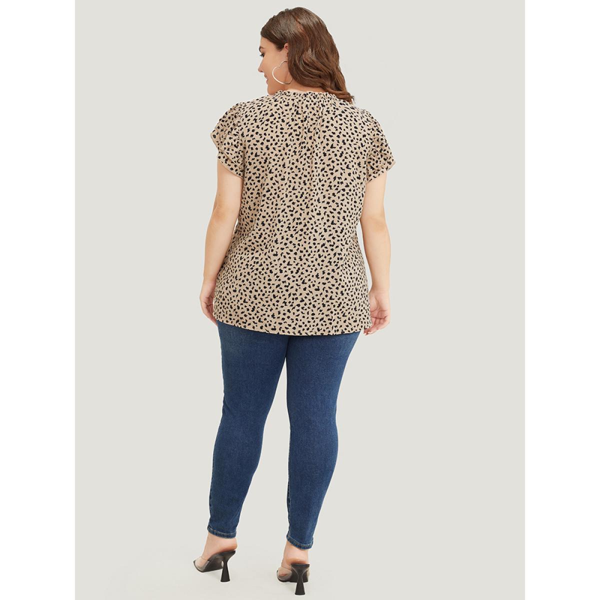 Plus Size Champagne Allover Print Mock Neck Ruffle Layered Sleeve Blouse Women Elegant Cap Sleeve Mock Neck Dailywear Blouses BloomChic 30/6X Product Image