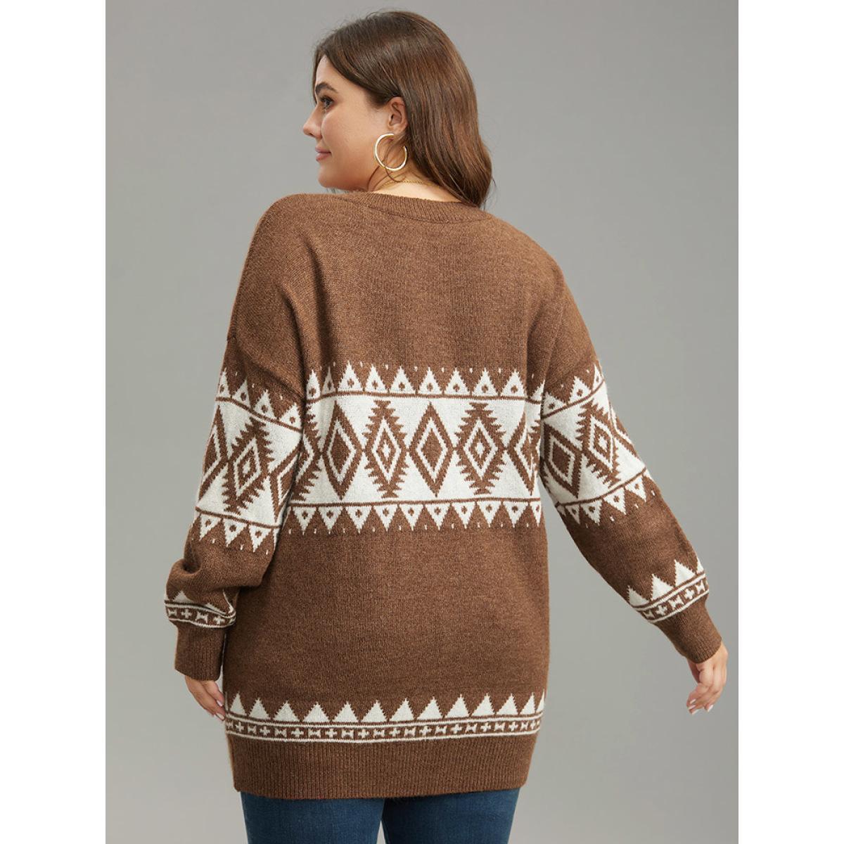 Plus Size Anti-Pilling Bandana Print V Neck Pullover Bronze Women Casual Loose Long Sleeve V-neck Everyday Pullovers BloomChic 22-24/3X Product Image