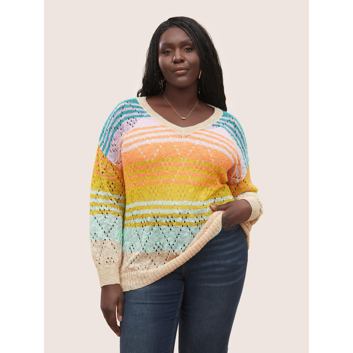 Plus Size Color Striped Hollow Out Pullover Multicolor Women Casual Long Sleeve V-neck Everyday Pullovers BloomChic 14-16/1X Product Image
