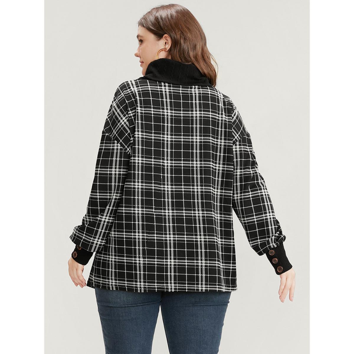Plus Size Plaid Patchwork Button Detail Funnel Neck Sweatshirt Women Black Elegant Contrast Turtleneck Dailywear Sweatshirts BloomChic 26/4X Product Image