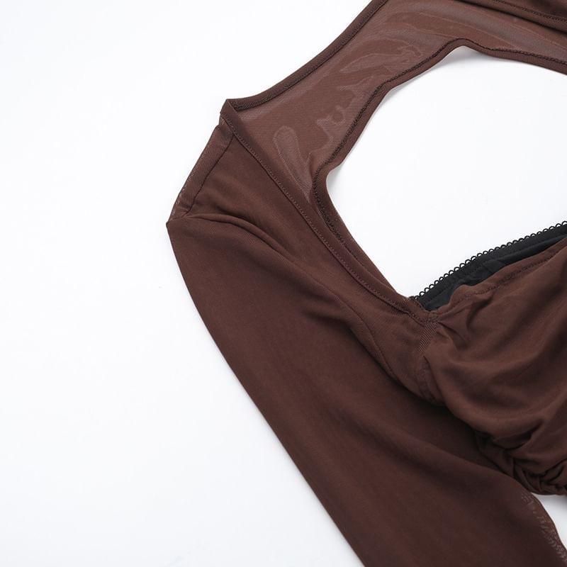 Long Sleeve Square Neck Ruched Bodycon Mini Dress Product Image