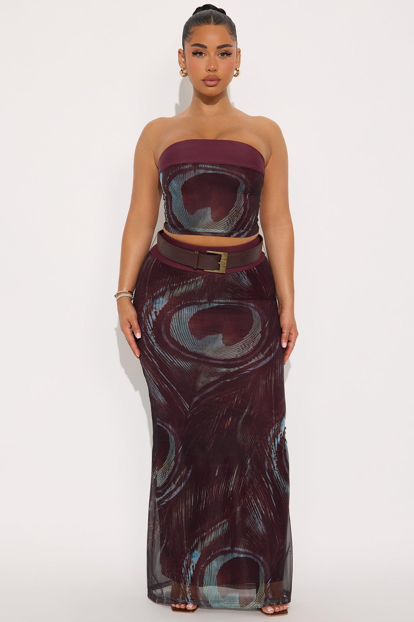 Athena Abstract Mesh Maxi Skirt Set - Brown/combo Product Image