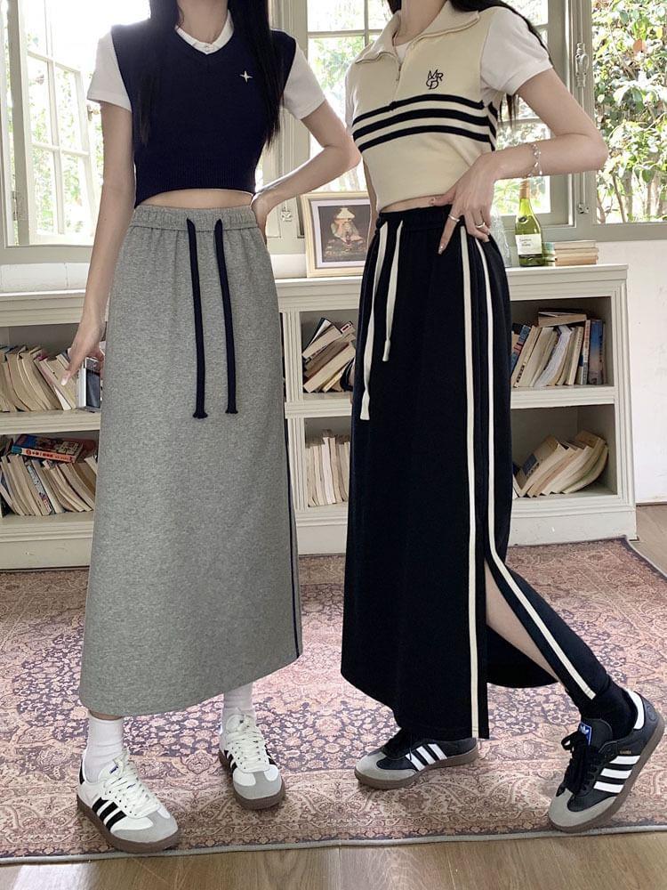 High Waist Striped Midi A-Line Skirt Product Image