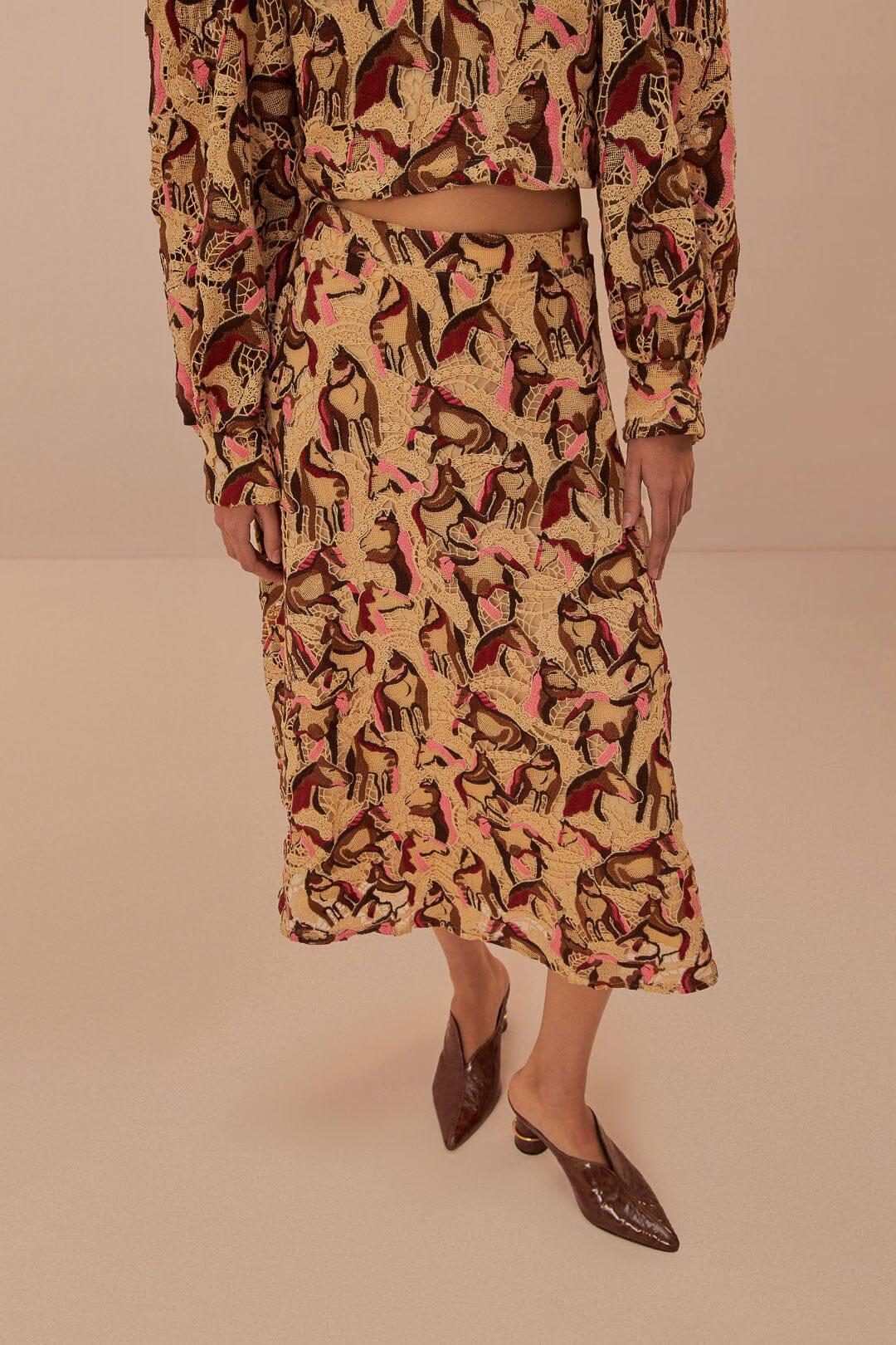 Cream Horses Guipure Midi Skirt, GREY / S Product Image