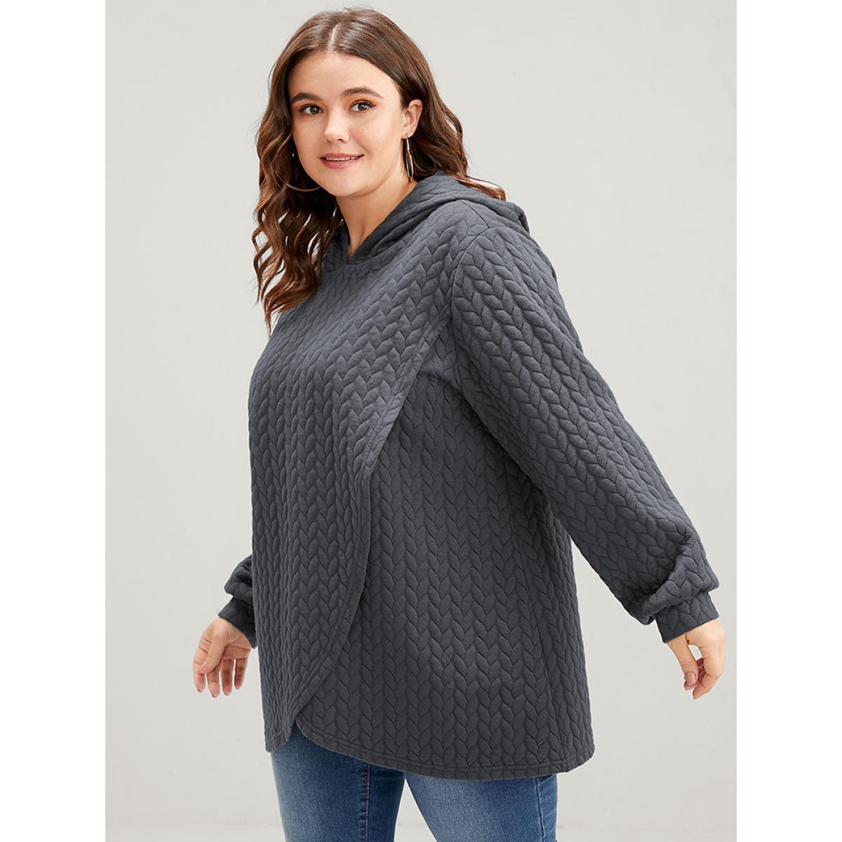 Plus Size Solid Asymmetrical Hem Cable Knit Hooded Sweatshirt Women DimGray Lounge Asymmetrical Hooded Everyday Sweatshirts BloomChic 30/6X Product Image
